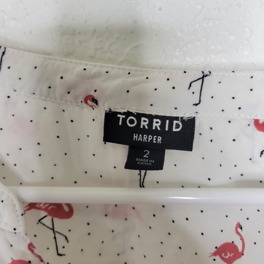 Torrid 2X White Flamingo Print Harper Challis Button Front 3/4 Sleeve Blouse - Picture 5 of 10